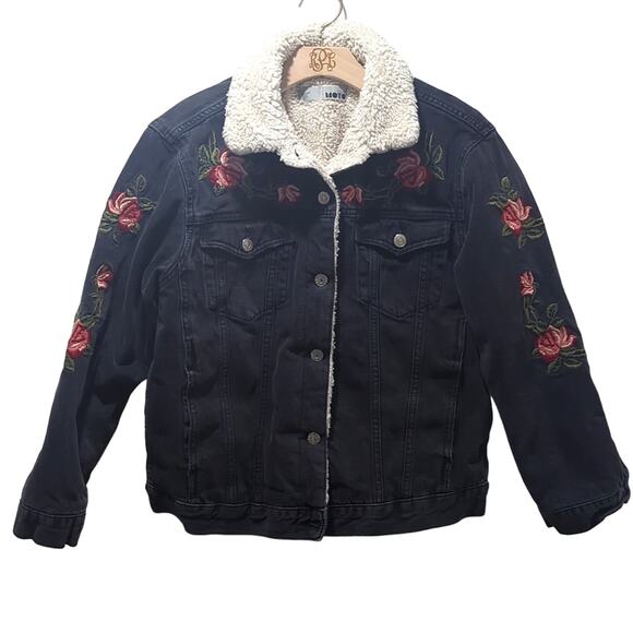 Topshop Moto Black Denim Jacket Sherpa Lined Embroidered Roses Women's Size 6 - Picture 2 of 8
